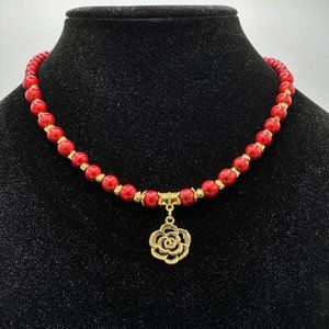 Red Stone Necklace with gold flower charm